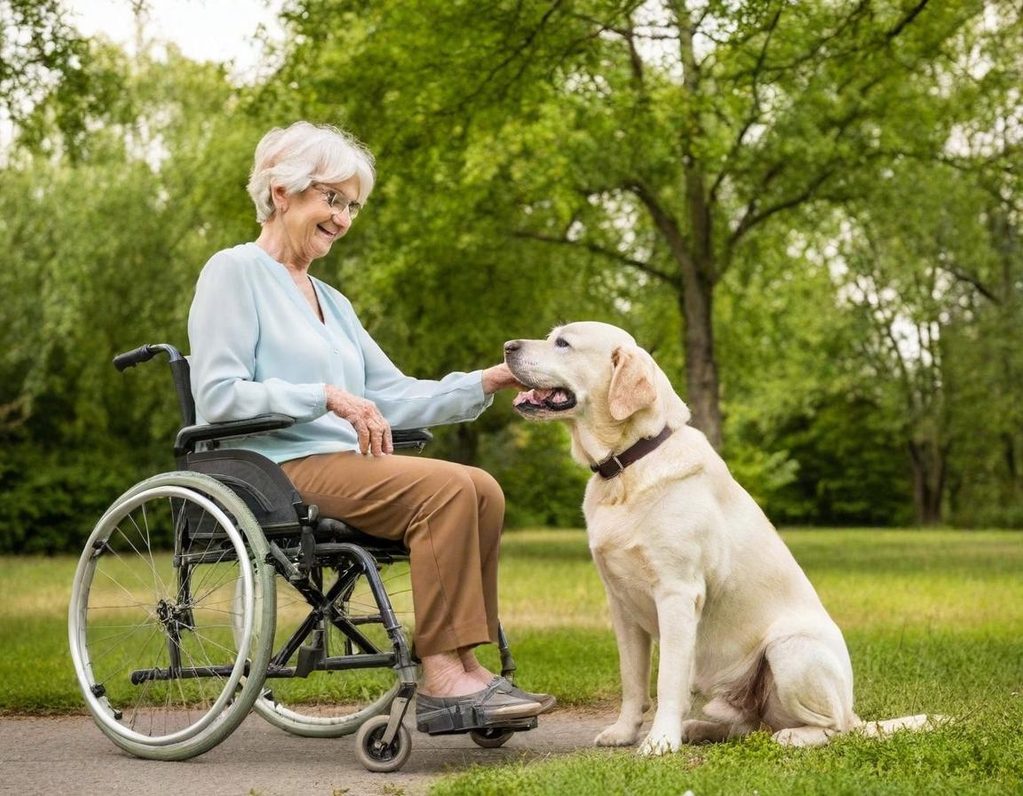 Mit KI generiert: Tiergestützte Therapie ältere Frau im Rollstuhl mit Hund