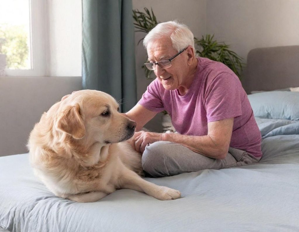 Mit KI generiert: Älterer Herr mit Therapiehund Älterer Herr mit Therapiehund